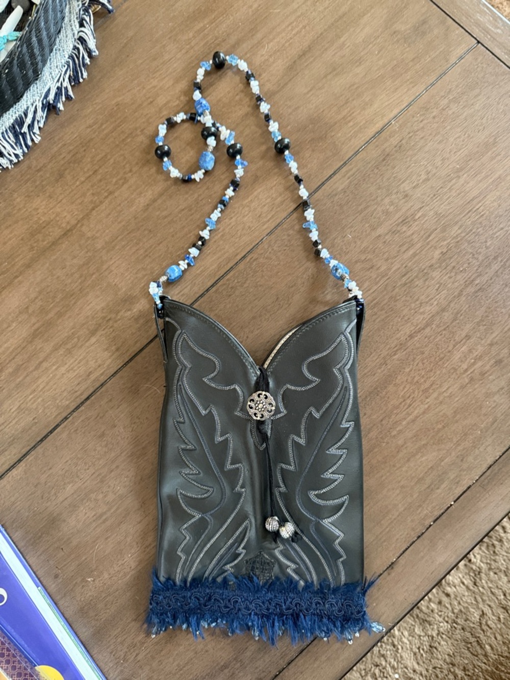 Women’s Black Leather Western-Style Crossbody Bag with Blue Beaded Strap